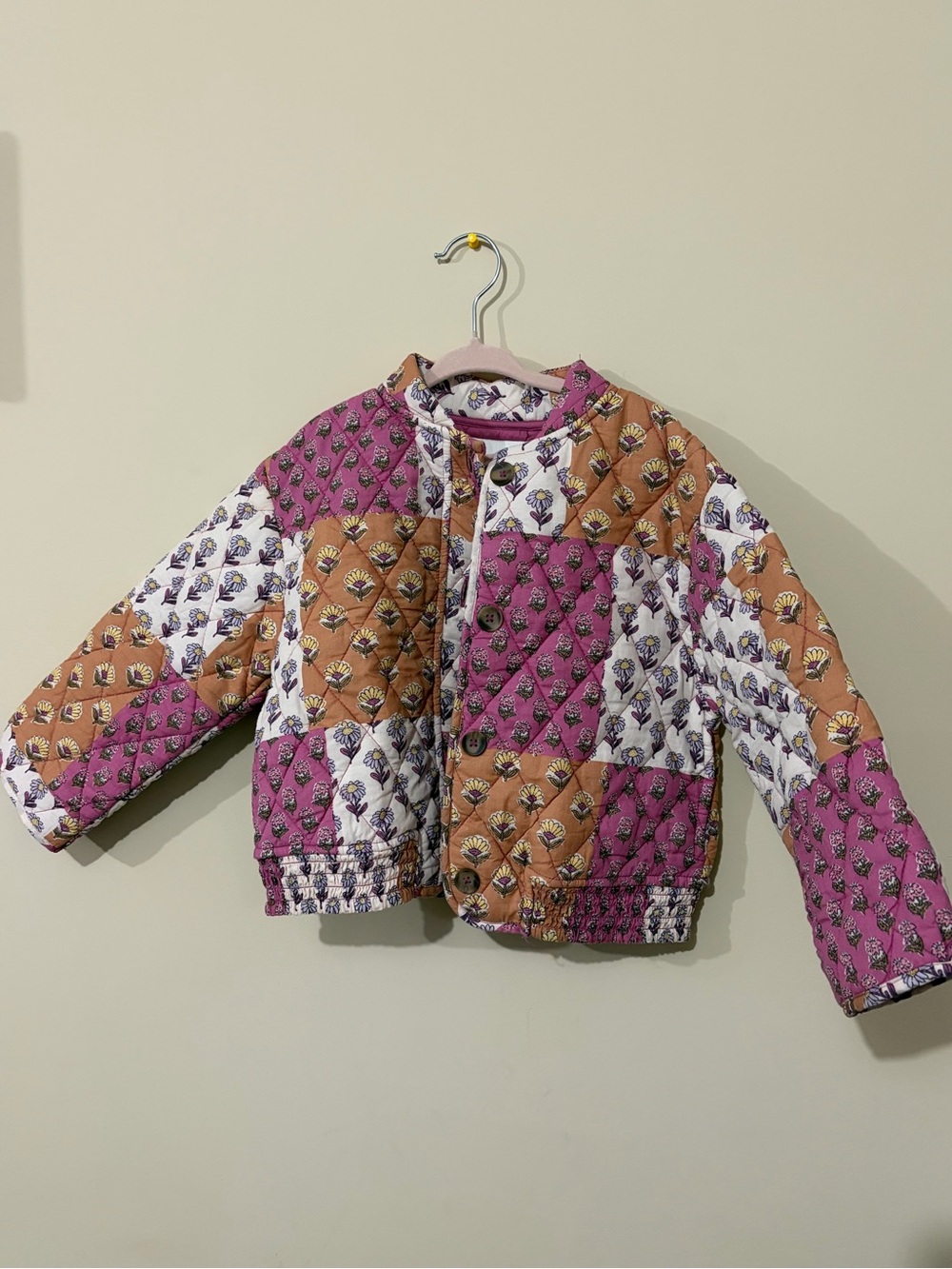 Zara Quilted Patchwork Puffer Jacket in Pink, Brown & White
